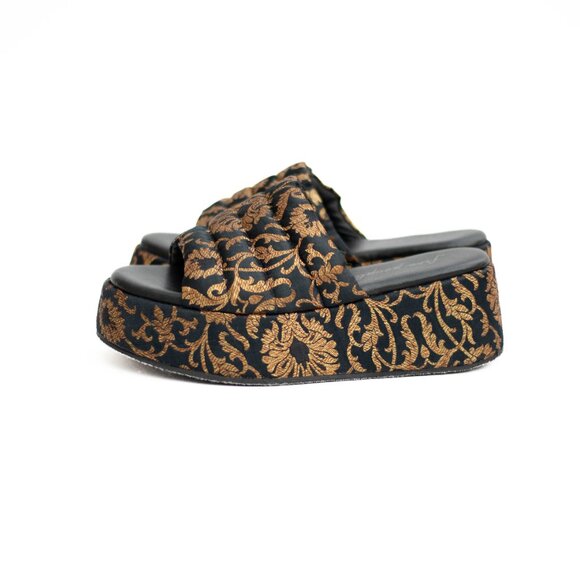 Free People Almost Paradise Brocade Platform Shoes 39 Black Gold Boho Chunky - Picture 5 of 13